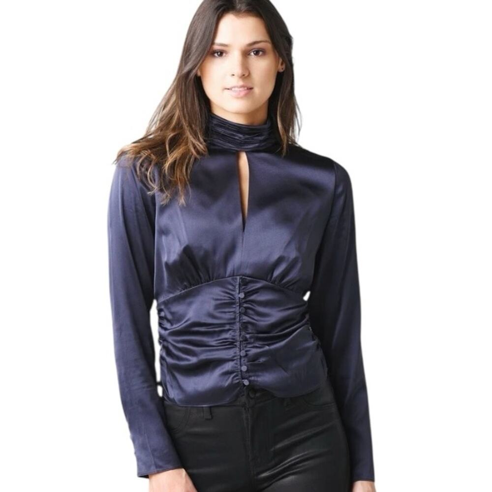 Frame NWTS Felicity Silk Navy Blue Long Sleeve Button Sleeve Blouse size large